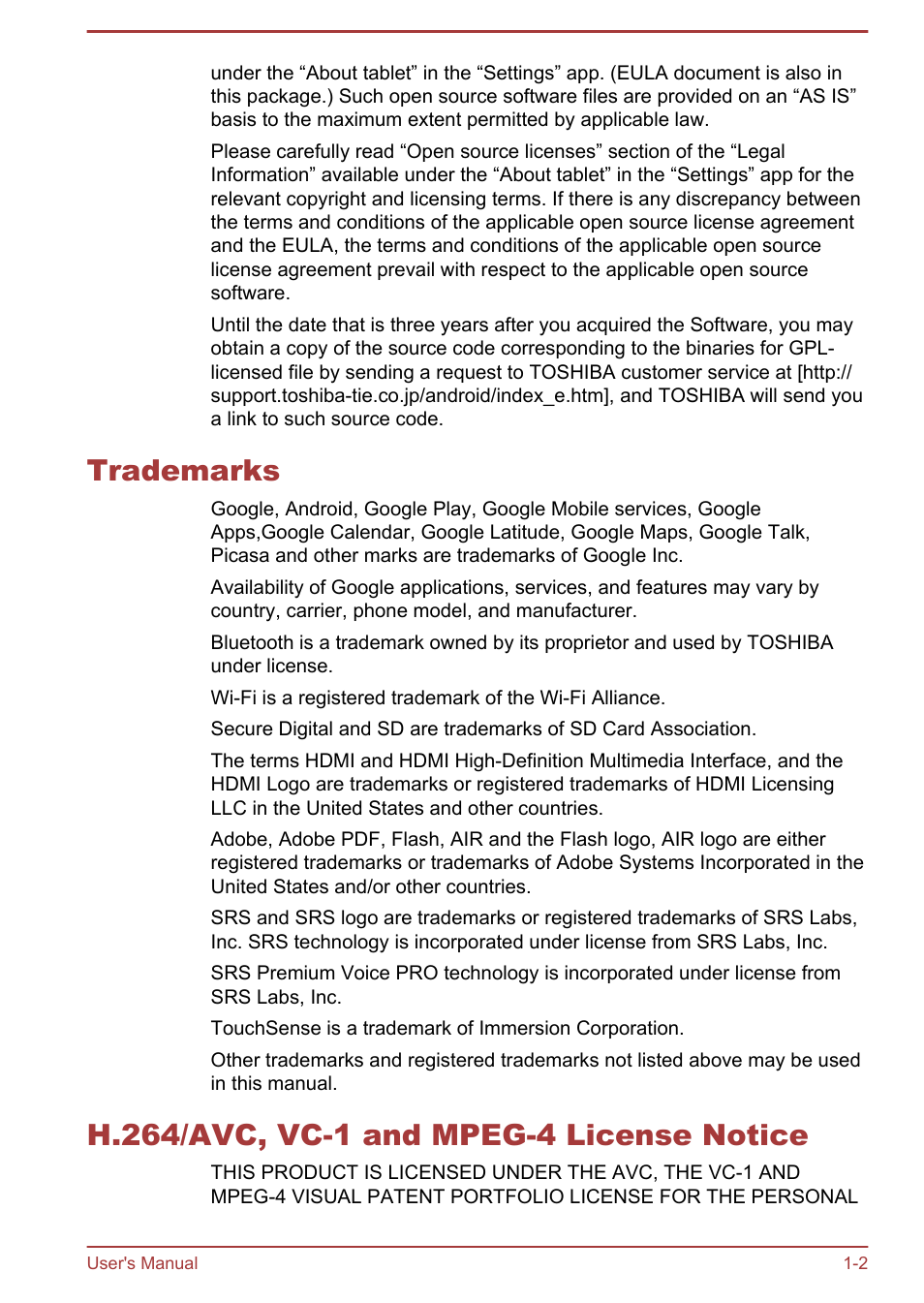 Trademarks, H.264/avc, vc-1 and mpeg-4 license notice | Toshiba AT300 User Manual | Page 6 / 88