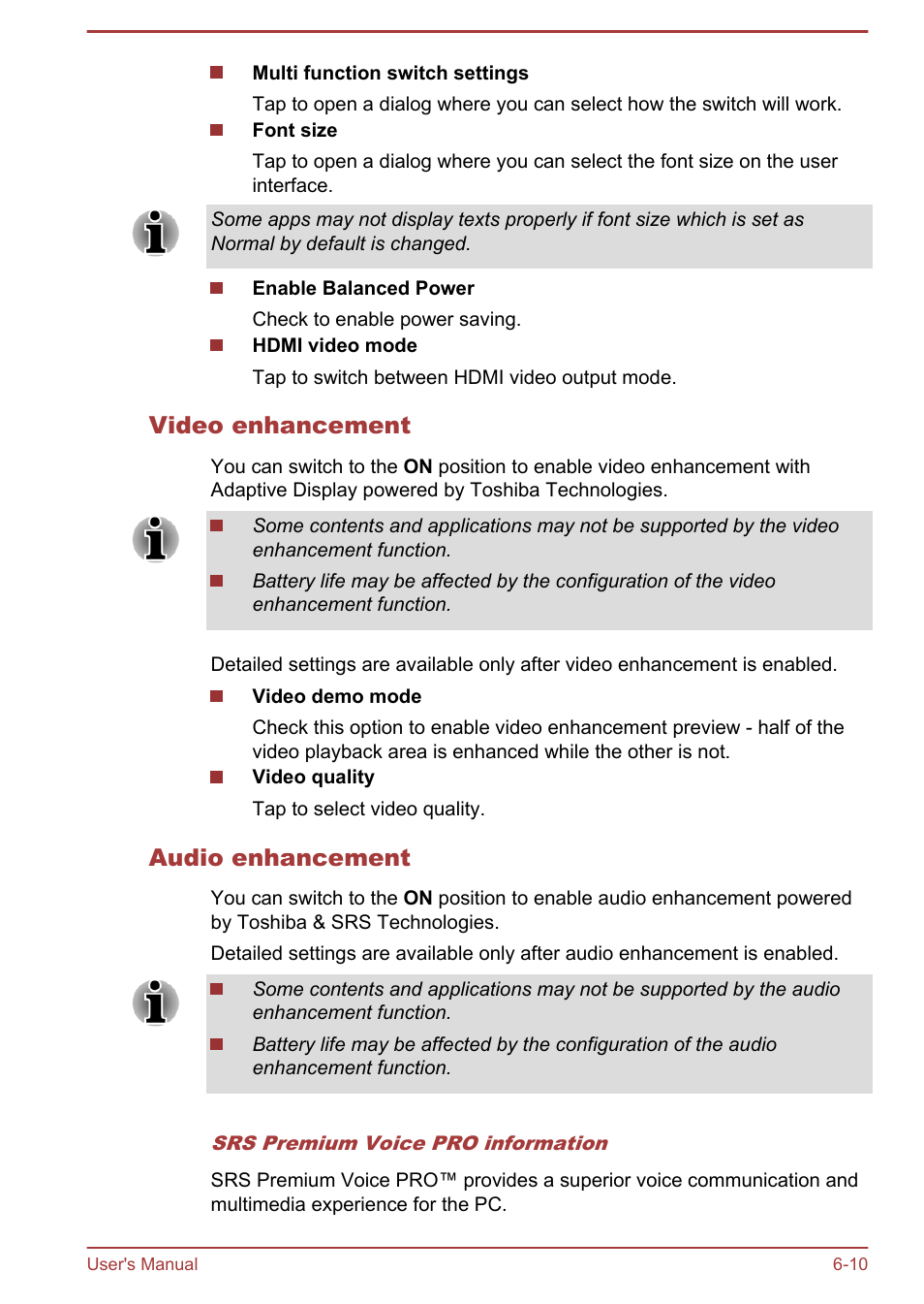 Video enhancement, Audio enhancement | Toshiba AT300 User Manual | Page 60 / 88