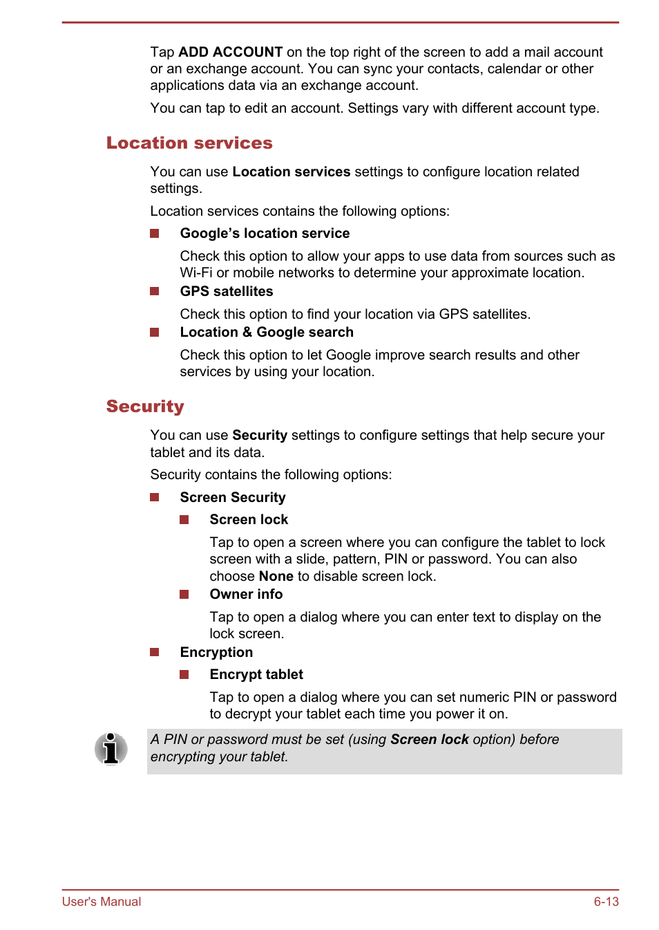 Location services, Security | Toshiba AT300 User Manual | Page 63 / 88