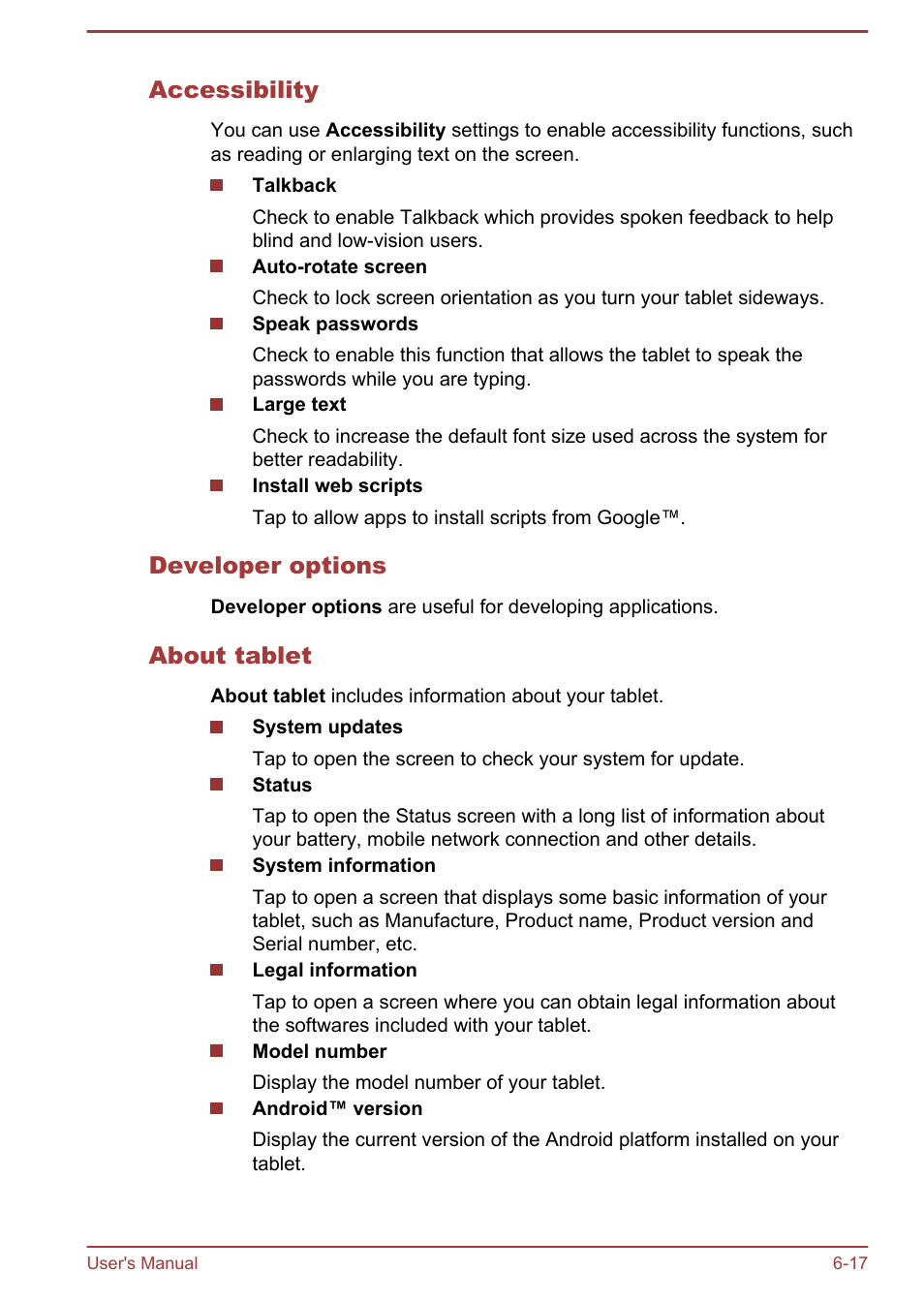 Accessibility, Developer options, About tablet | Toshiba AT300 User Manual | Page 67 / 88