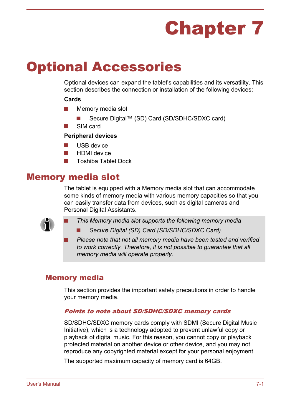 Chapter 7 optional accessories, Memory media slot, Memory media | Chapter 7, Optional accessories, Memory media slot -1, Optional docks describled in, Optional, Accessories | Toshiba AT300 User Manual | Page 69 / 88