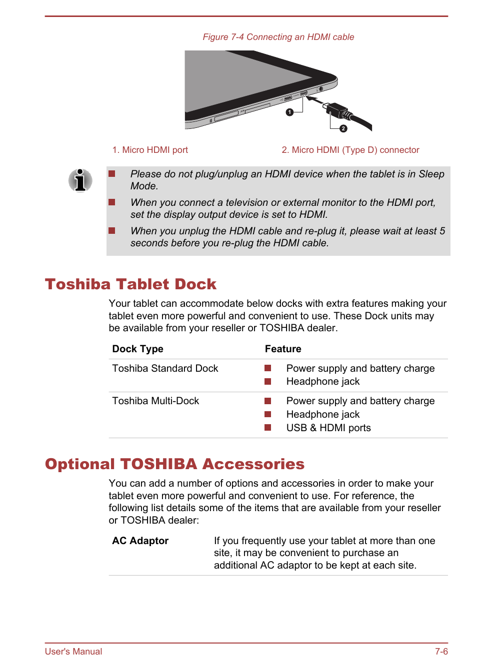 Toshiba tablet dock, Optional toshiba accessories | Toshiba AT300 User Manual | Page 74 / 88