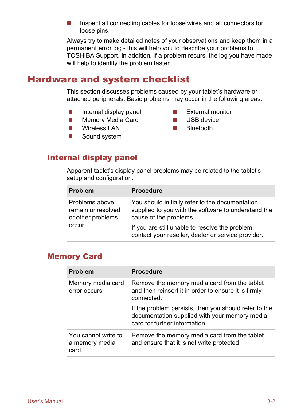 Hardware and system checklist, Internal display panel, Memory card | Hardware and system checklist -2 | Toshiba AT300 User Manual | Page 76 / 88