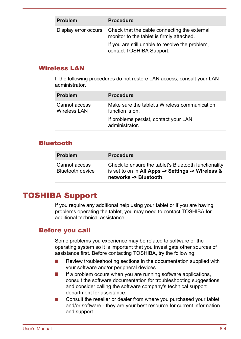 Wireless lan, Bluetooth, Toshiba support | Before you call, Toshiba support -4 | Toshiba AT300 User Manual | Page 78 / 88