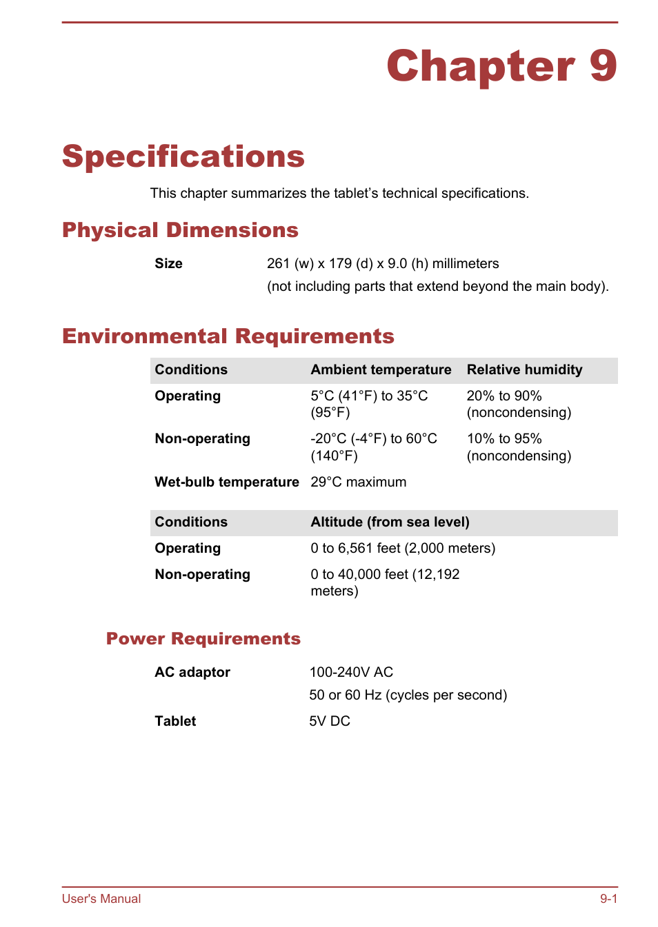 Chapter 9 specifications, Physical dimensions, Environmental requirements | Power requirements, Chapter 9, Specifications | Toshiba AT300 User Manual | Page 80 / 88