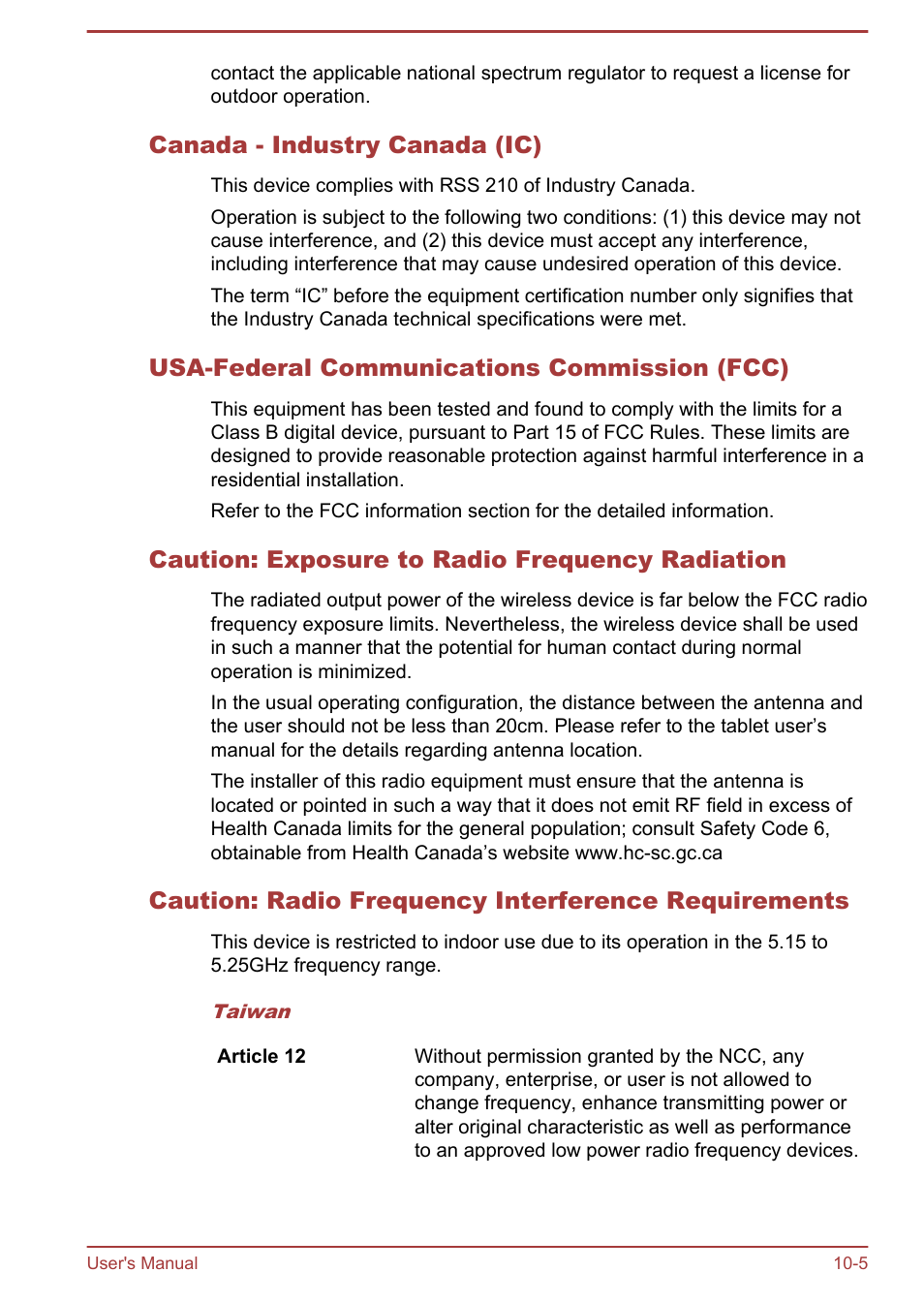 Canada - industry canada (ic), Usa-federal communications commission (fcc), Caution: exposure to radio frequency radiation | Caution: radio frequency interference requirements | Toshiba AT300 User Manual | Page 85 / 88