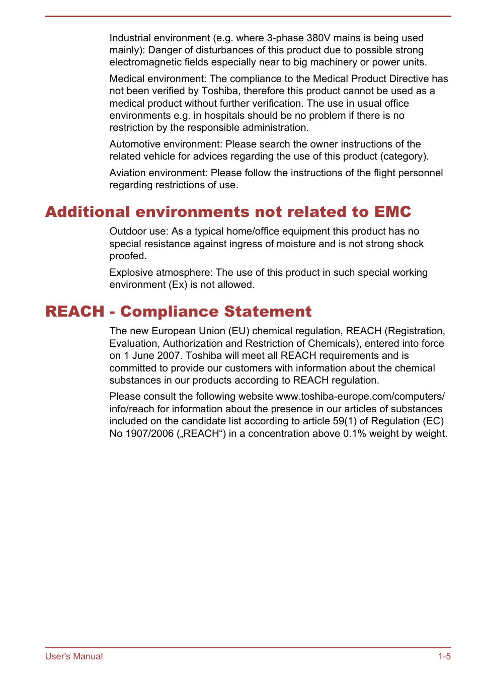 Additional environments not related to emc, Reach - compliance statement | Toshiba AT300 User Manual | Page 9 / 88