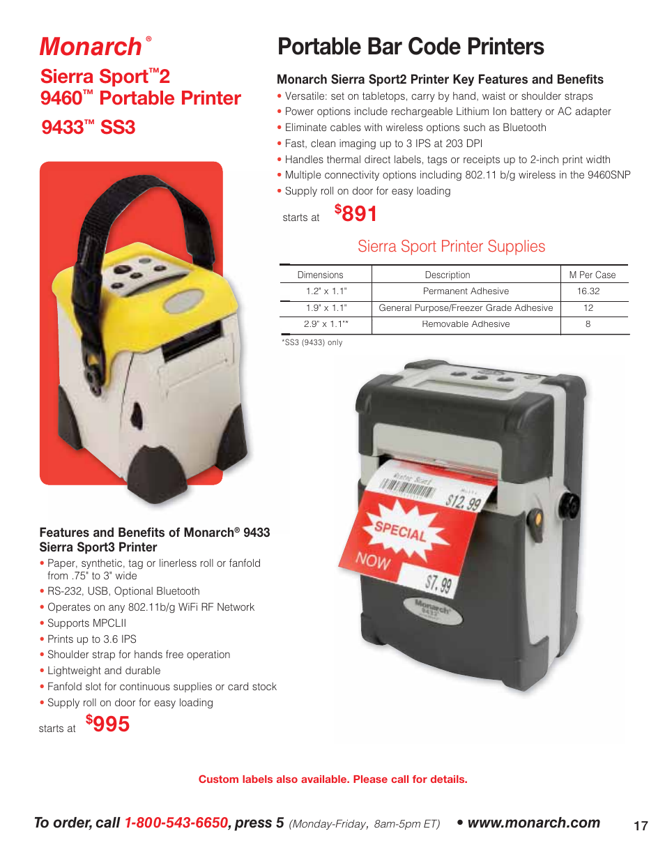 Monarch, Portable bar code printers, Sierra sport | Portable printer 9433, Sierra sport printer supplies | Avery 6032 User Manual | Page 18 / 32