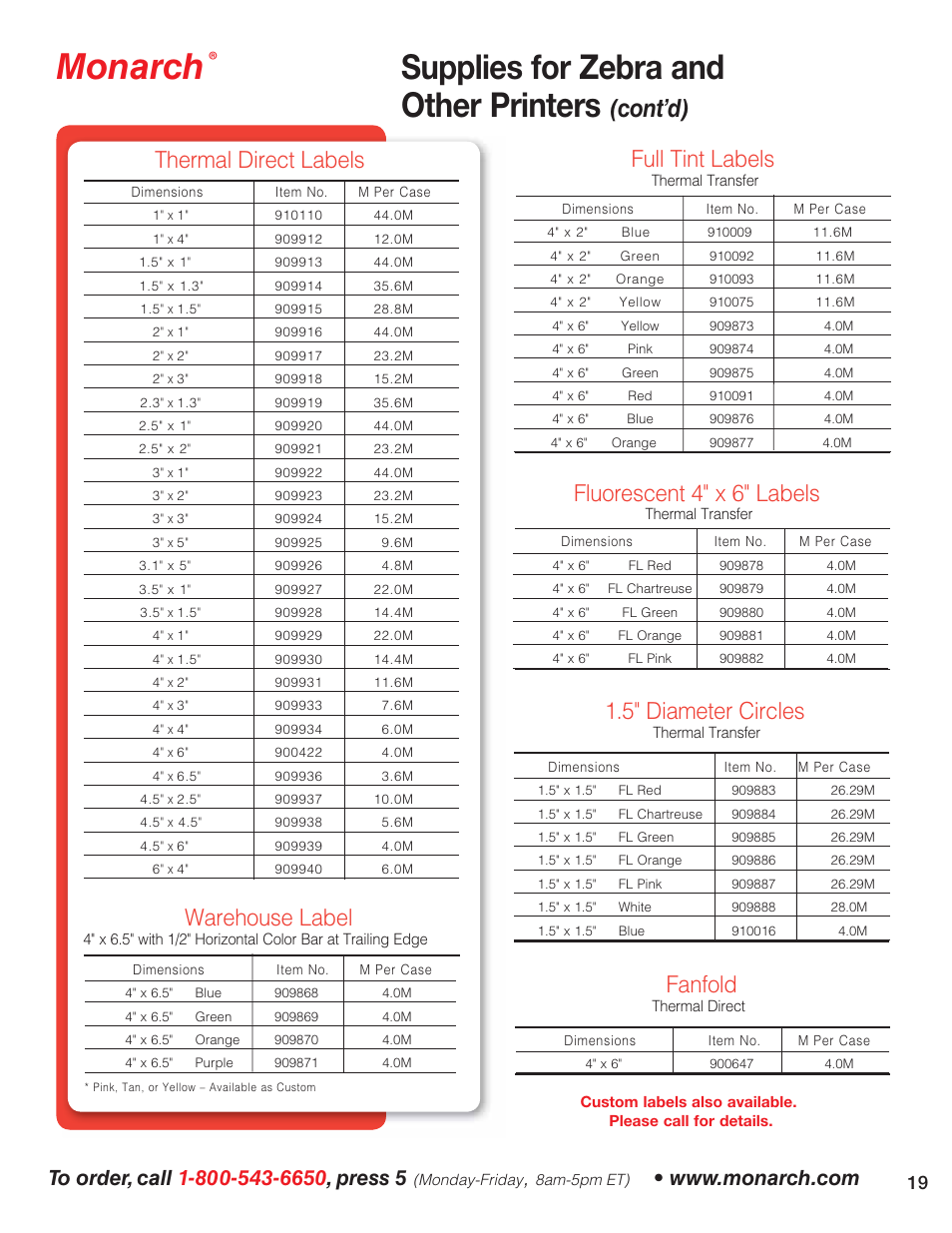 Monarch, Supplies for zebra and other printers, Cont’d) | Warehouse label, Thermal direct labels full tint labels, Fanfold, 5" diameter circles, Fluorescent 4" x 6" labels | Avery 6032 User Manual | Page 20 / 32