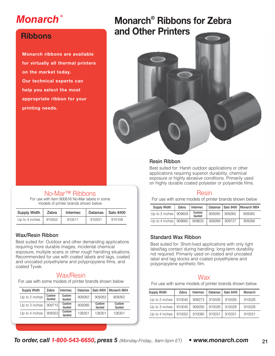 Monarch, Ribbons for zebra and other printers, Ribbons | Resin, No-mar™ ribbons, Wax/resin | Avery 6032 User Manual | Page 22 / 32