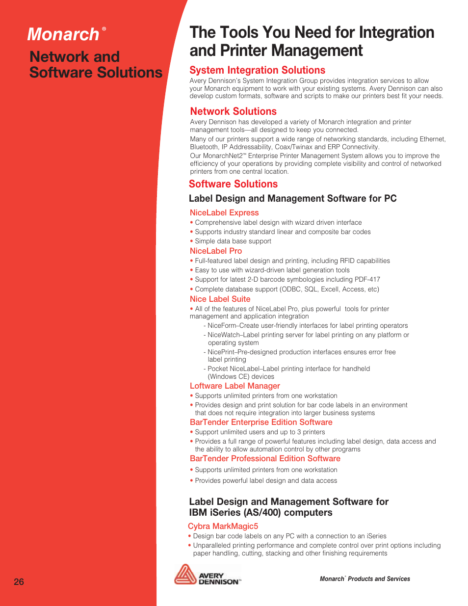 Monarch, Network and software solutions, Software solutions | System integration solutions, Network solutions, Label design and management software for pc | Avery 6032 User Manual | Page 27 / 32