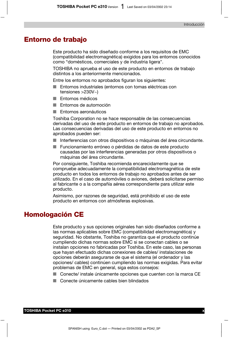 Entorno de trabajo, Homologación ce | Toshiba Pocket PC e310 User Manual | Page 10 / 107