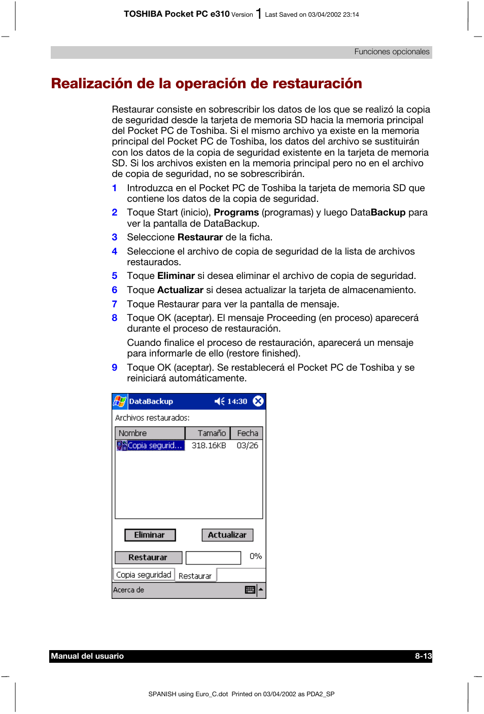 Realización de la operación de restauración, Ón -13 | Toshiba Pocket PC e310 User Manual | Page 100 / 107