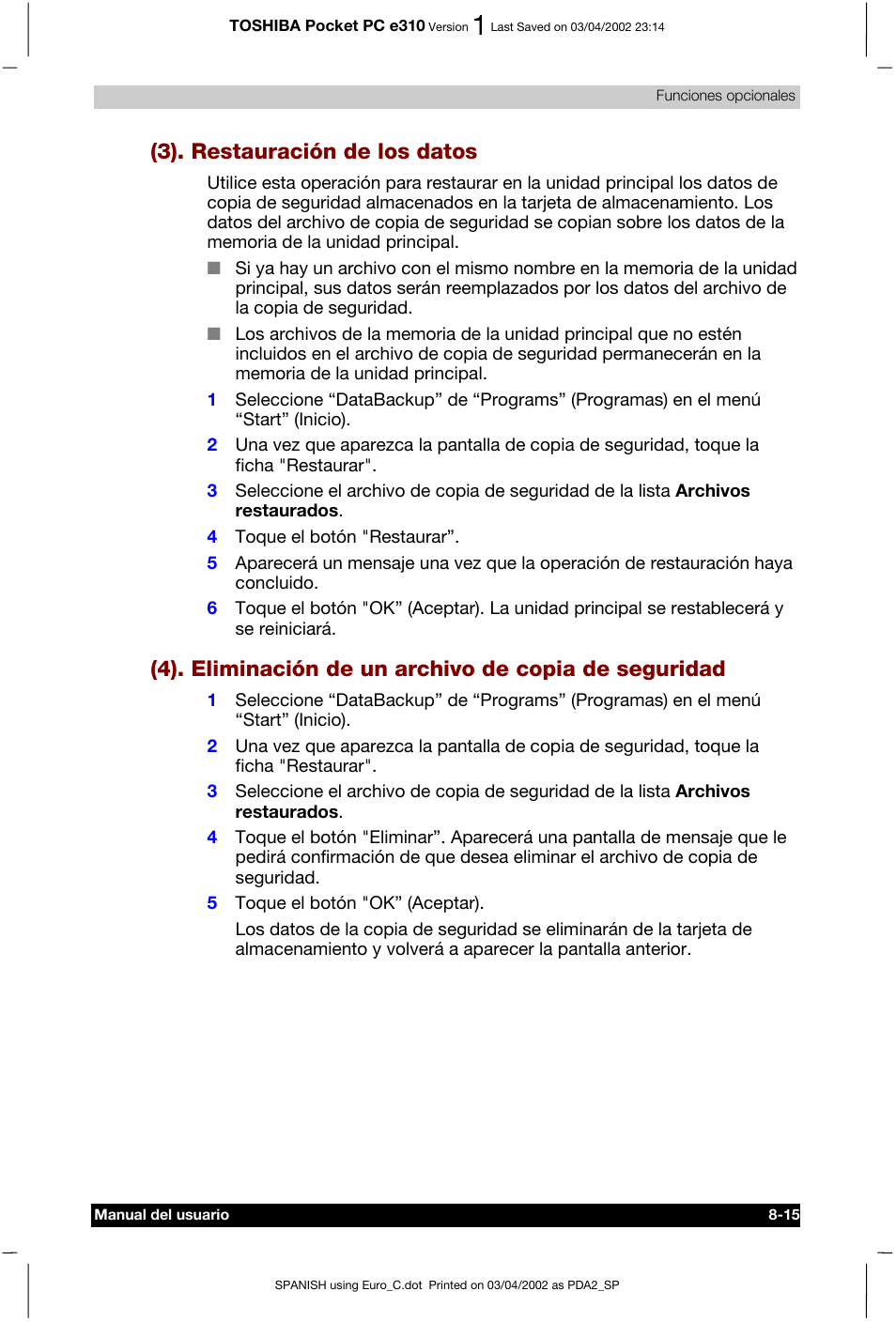 3). restauración de los datos | Toshiba Pocket PC e310 User Manual | Page 102 / 107