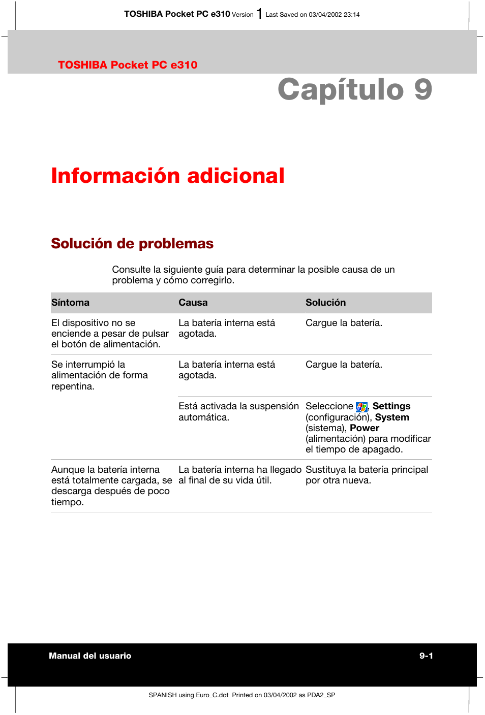 Capítulo 9 información adicional, Solución de problemas, Capítulo 9 | Información adicional | Toshiba Pocket PC e310 User Manual | Page 103 / 107