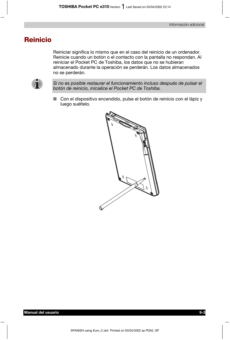 Reinicio | Toshiba Pocket PC e310 User Manual | Page 105 / 107