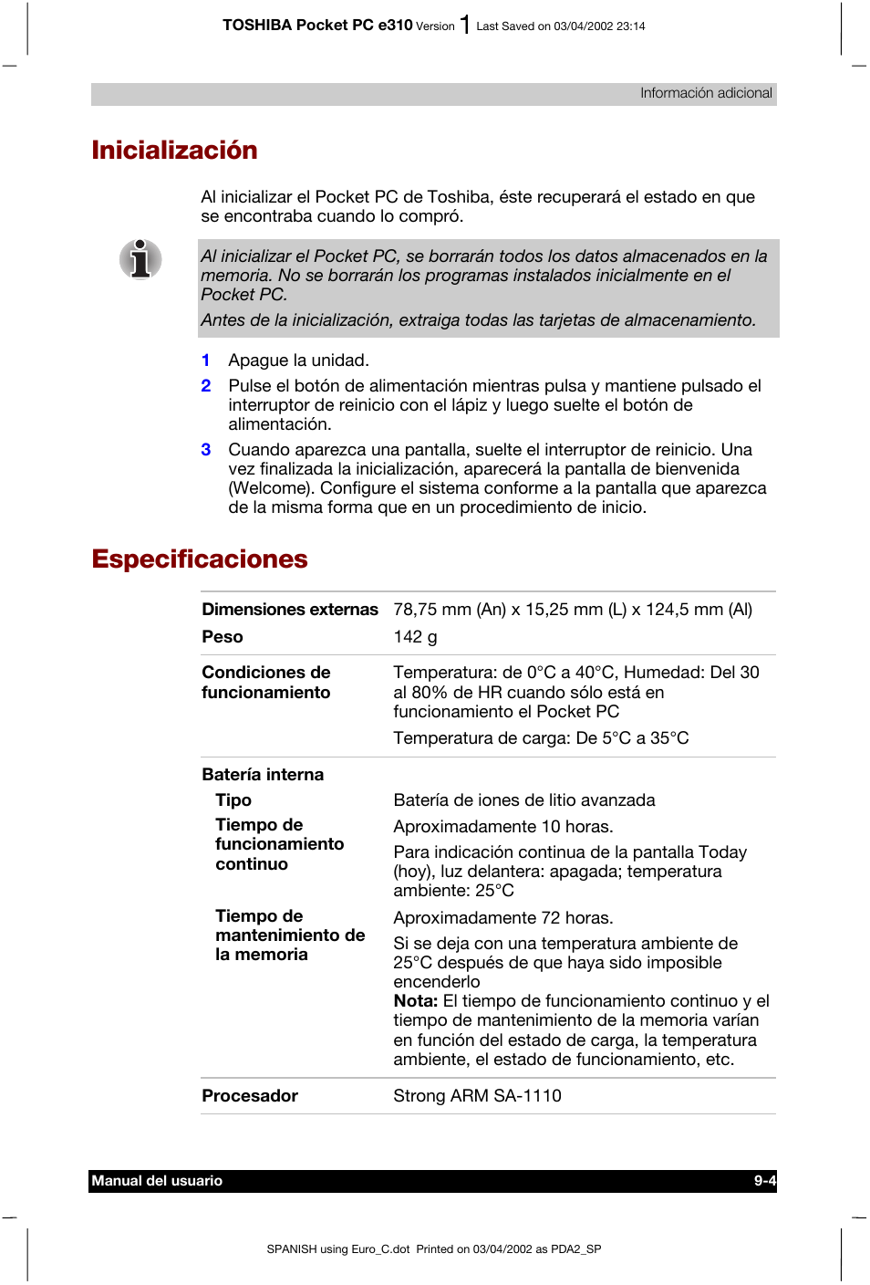 Inicialización, Especificaciones | Toshiba Pocket PC e310 User Manual | Page 106 / 107