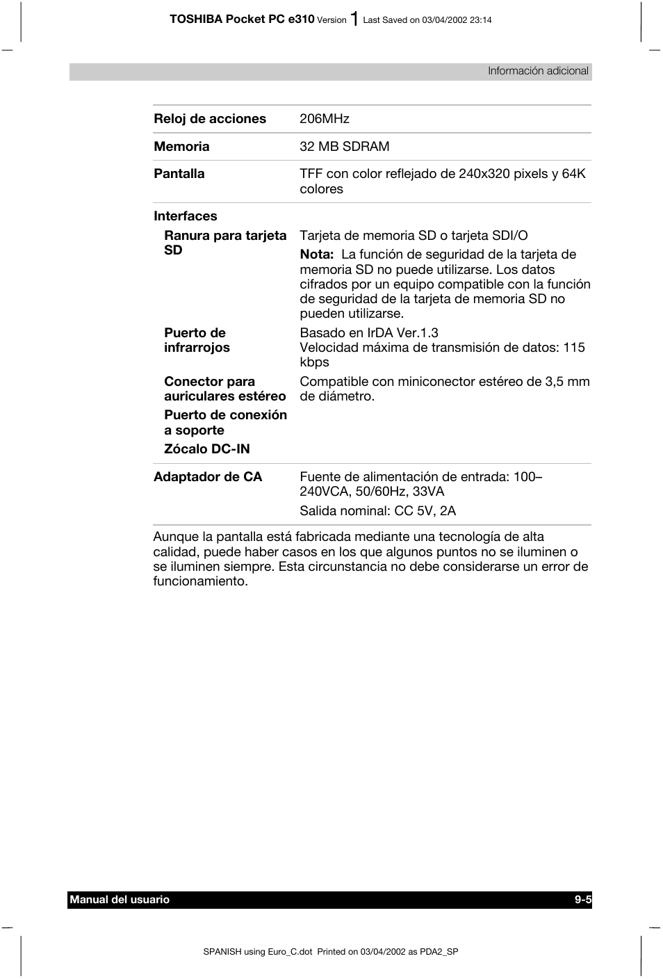 Toshiba Pocket PC e310 User Manual | Page 107 / 107