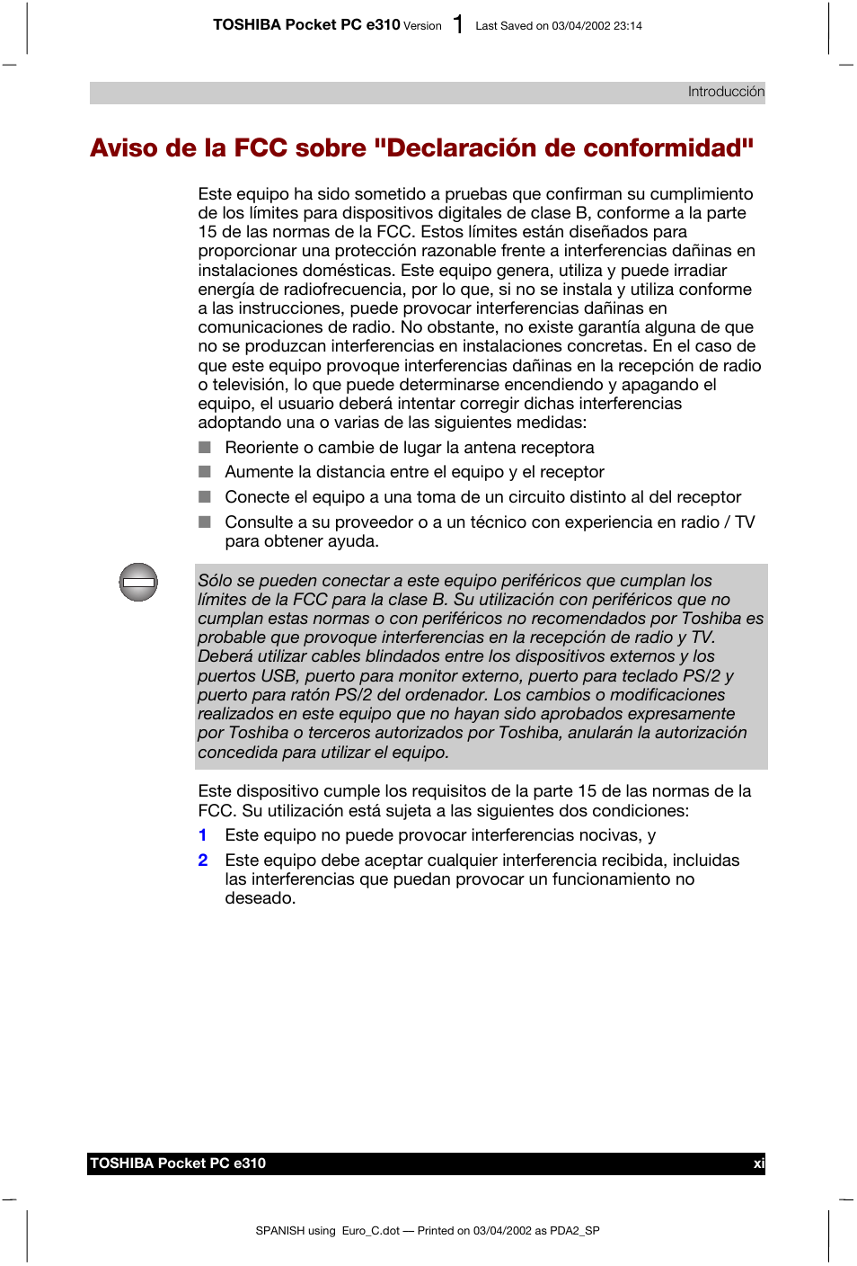 Aviso de la fcc sobre "declaración de conformidad | Toshiba Pocket PC e310 User Manual | Page 11 / 107