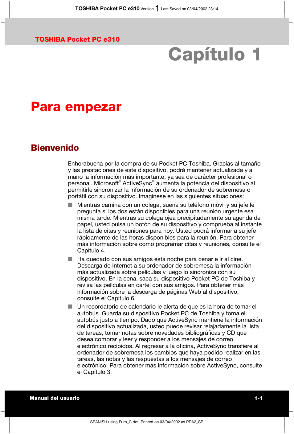 Capítulo 1 para empezar, Bienvenido, Capítulo 1 | Para empezar | Toshiba Pocket PC e310 User Manual | Page 16 / 107