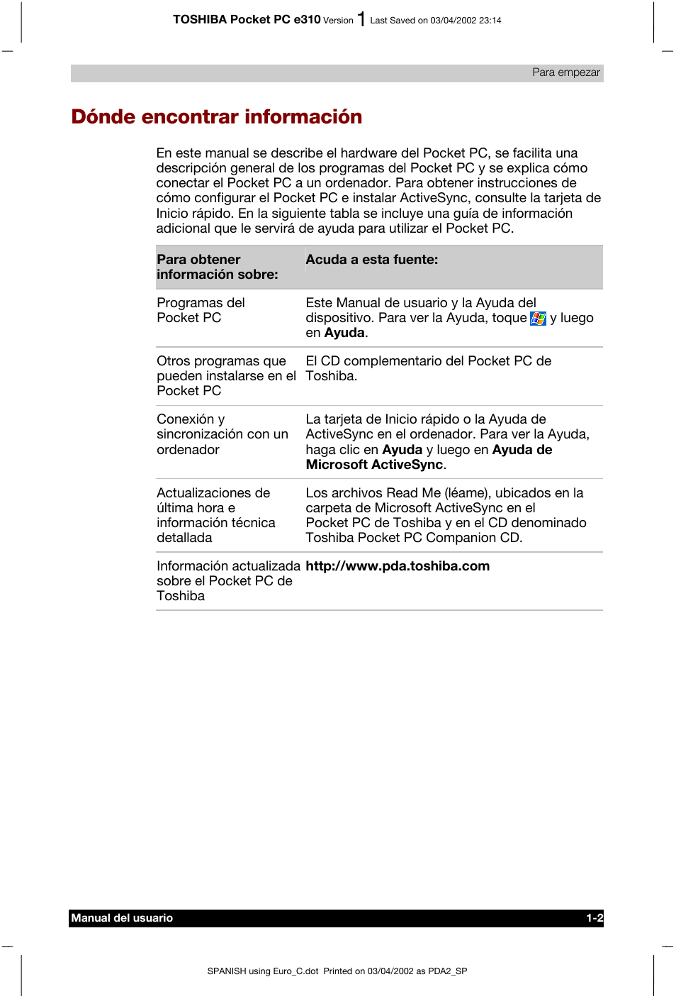 Dónde encontrar información | Toshiba Pocket PC e310 User Manual | Page 17 / 107