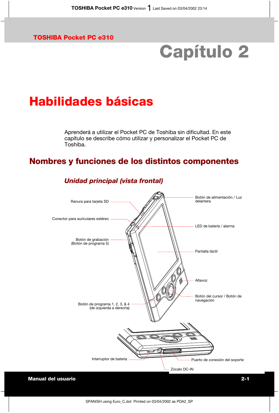 Capítulo 2 habilidades básicas, Nombres y funciones de los distintos componentes, Capítulo 2 | Habilidades básicas, Unidad principal (vista frontal), Toshiba pocket pc e310 | Toshiba Pocket PC e310 User Manual | Page 18 / 107