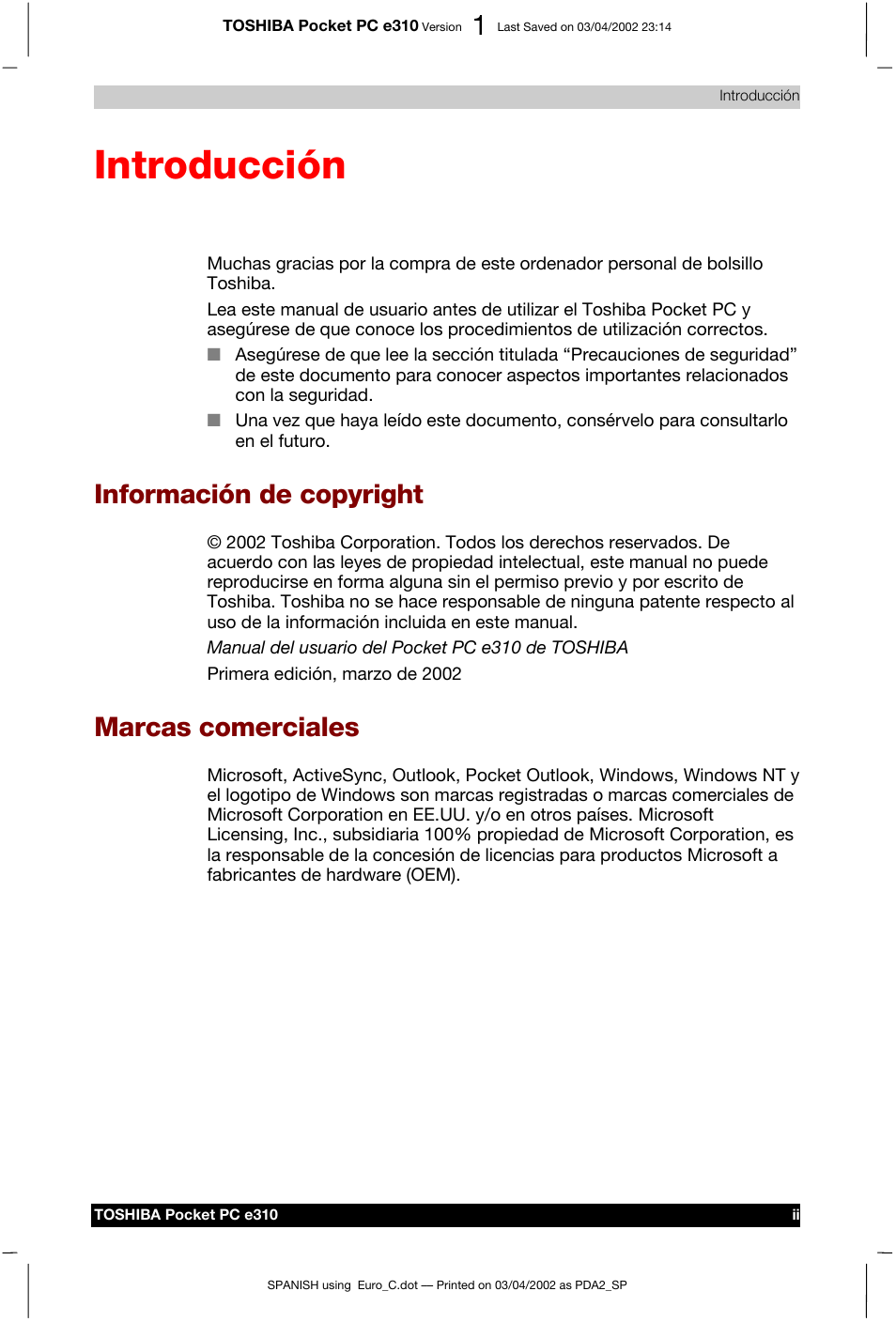 Introducción, Información de copyright, Marcas comerciales | Toshiba Pocket PC e310 User Manual | Page 2 / 107