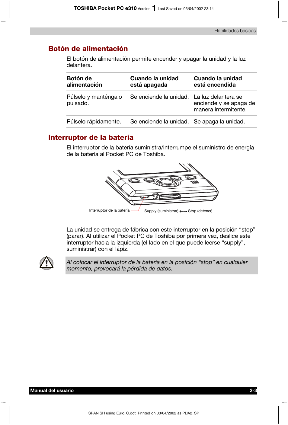 Botón de alimentación, Interruptor de la batería | Toshiba Pocket PC e310 User Manual | Page 20 / 107