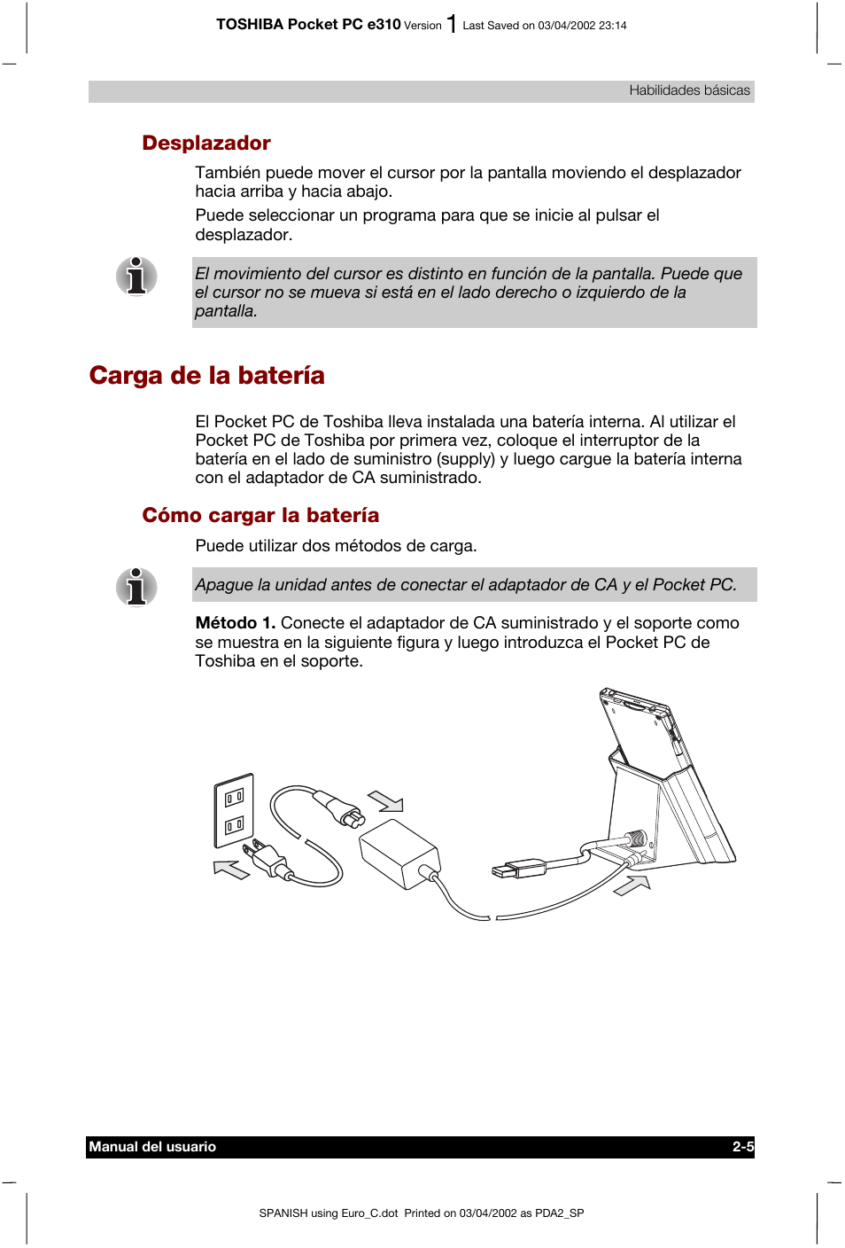 Desplazador, Carga de la batería, Cómo cargar la batería | Toshiba Pocket PC e310 User Manual | Page 22 / 107