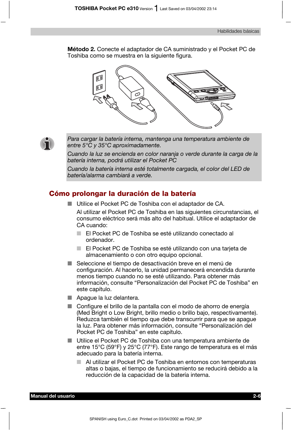 Cómo prolongar la duración de la batería | Toshiba Pocket PC e310 User Manual | Page 23 / 107