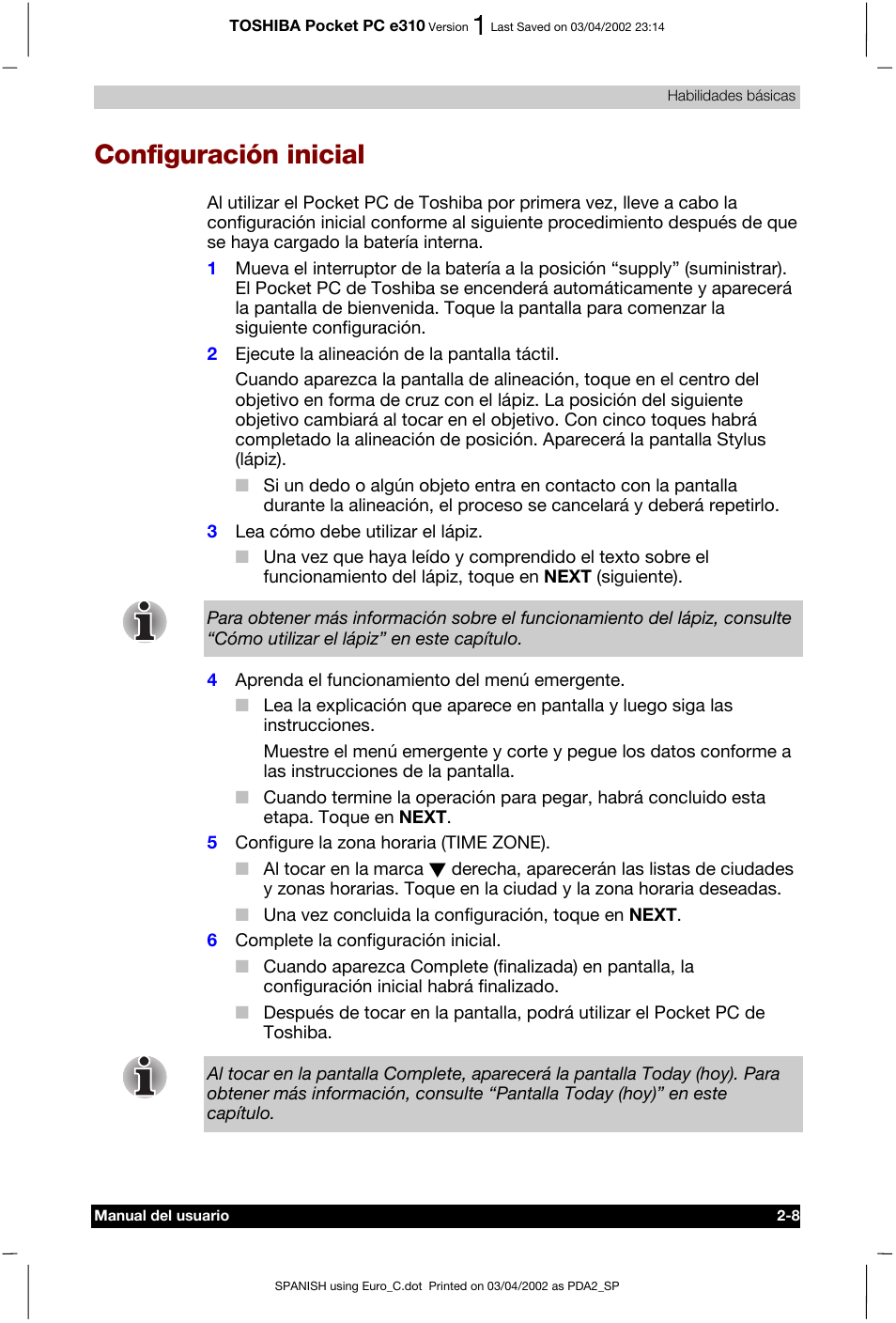 Configuración inicial | Toshiba Pocket PC e310 User Manual | Page 25 / 107