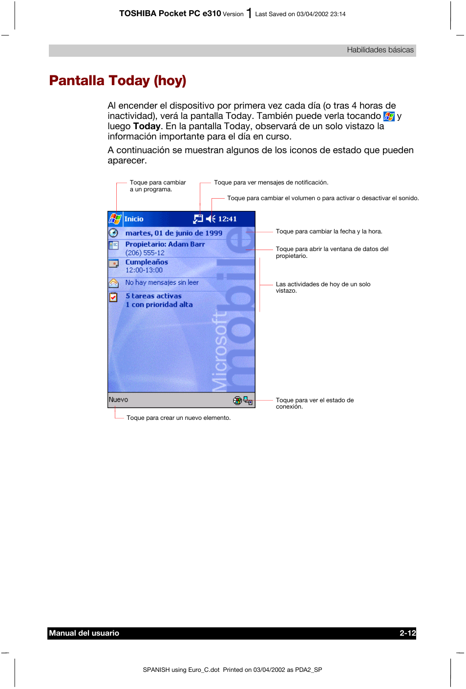 Pantalla today (hoy) | Toshiba Pocket PC e310 User Manual | Page 29 / 107