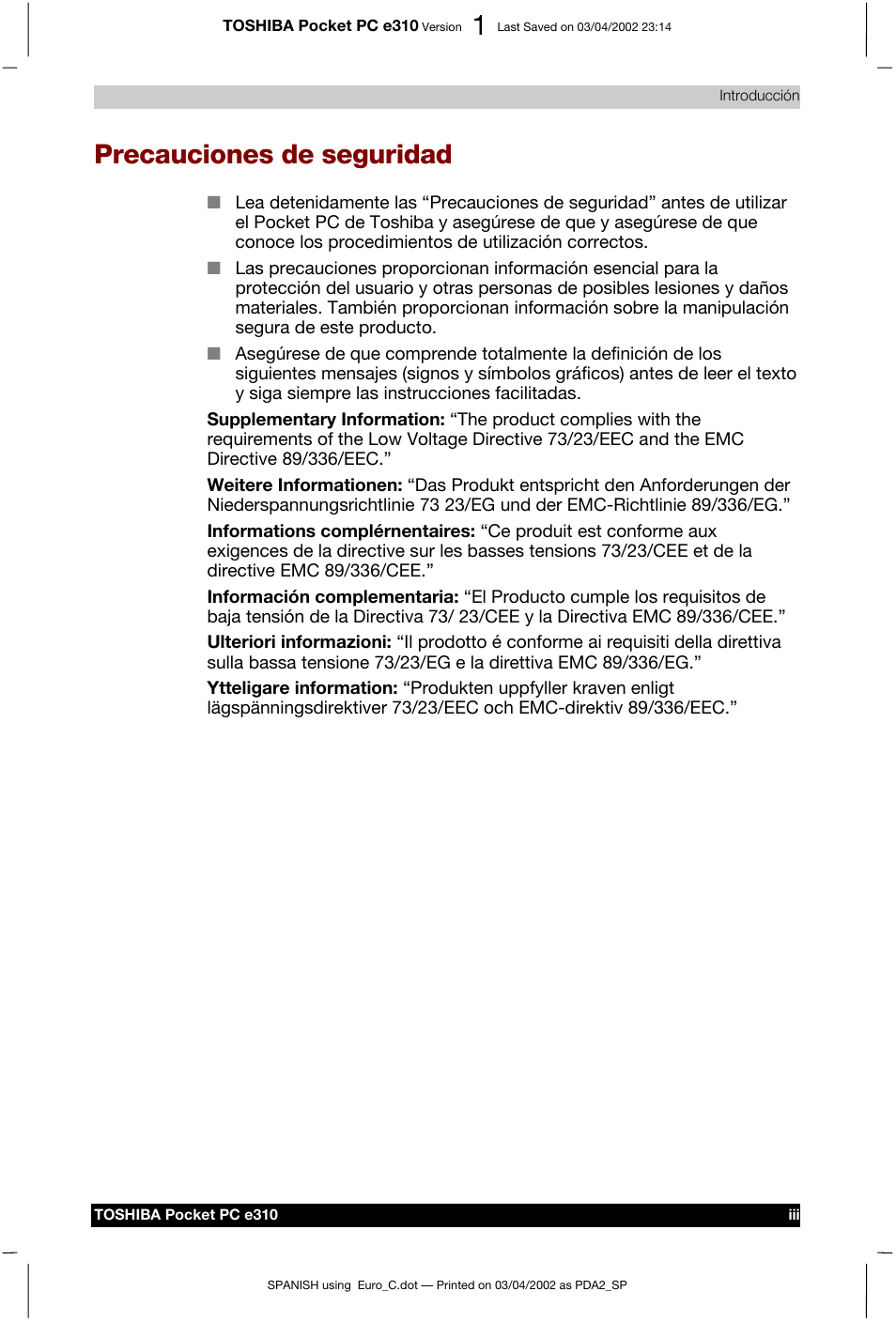 Precauciones de seguridad | Toshiba Pocket PC e310 User Manual | Page 3 / 107