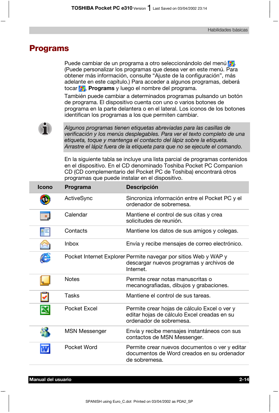 Programs | Toshiba Pocket PC e310 User Manual | Page 31 / 107