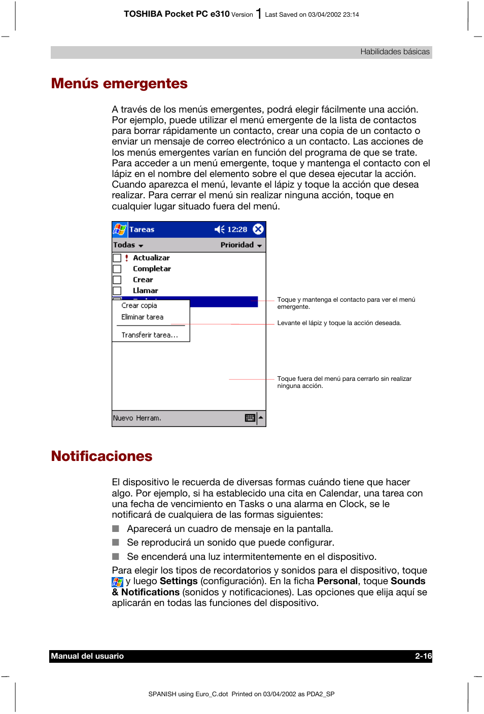 Menús emergentes, Notificaciones | Toshiba Pocket PC e310 User Manual | Page 33 / 107