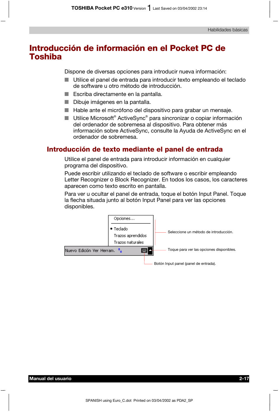 Introducción de texto mediante el panel de entrada | Toshiba Pocket PC e310 User Manual | Page 34 / 107