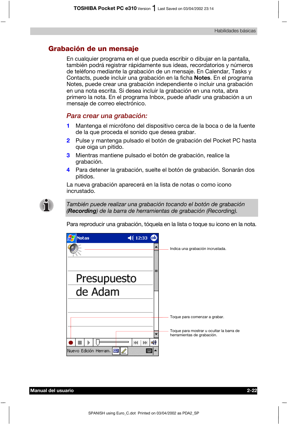 Grabación de un mensaje, Para crear una grabación | Toshiba Pocket PC e310 User Manual | Page 39 / 107