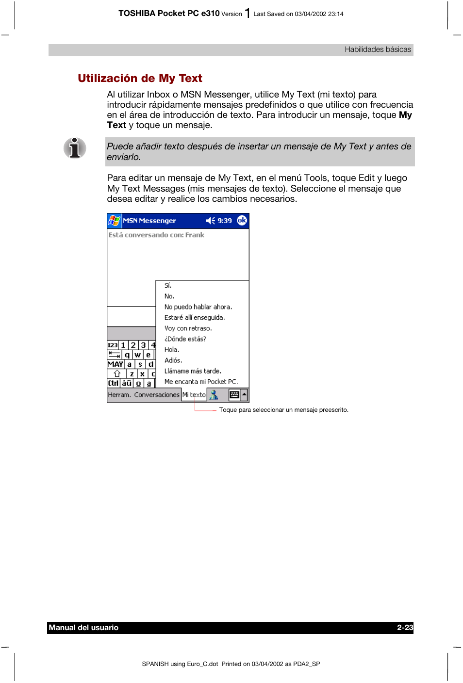 Utilización de my text | Toshiba Pocket PC e310 User Manual | Page 40 / 107