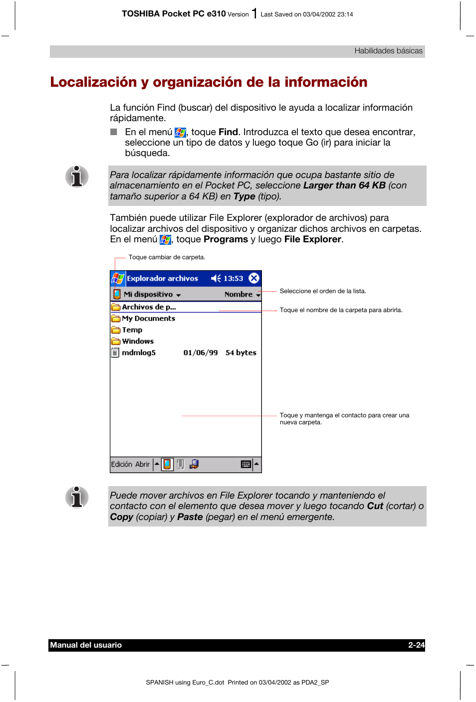 Localización y organización de la información | Toshiba Pocket PC e310 User Manual | Page 41 / 107