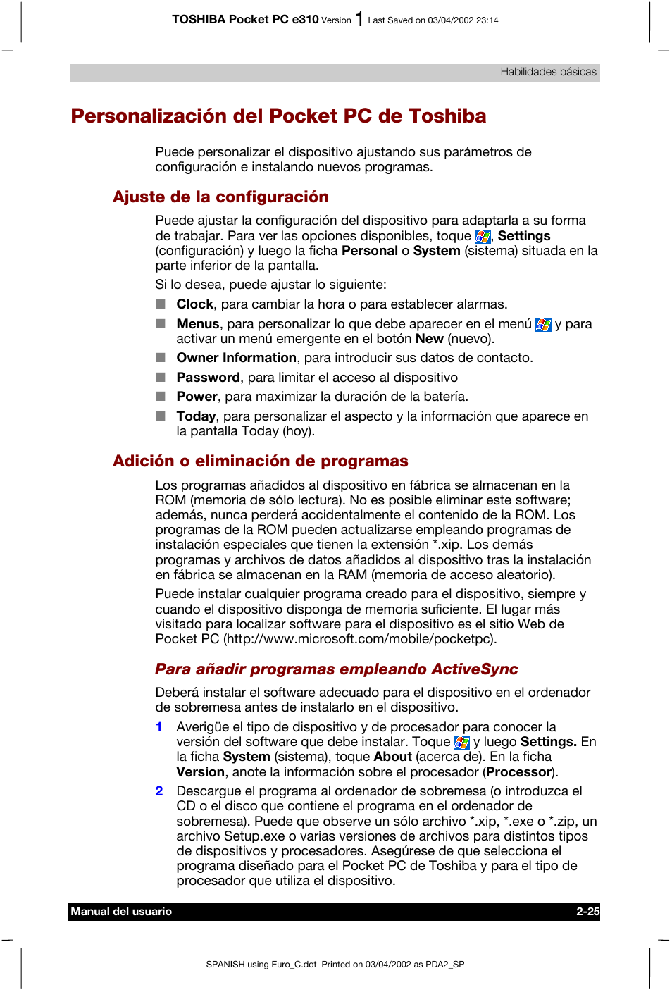 Personalización del pocket pc de toshiba, Ajuste de la configuración, Adición o eliminación de programas | Toshiba Pocket PC e310 User Manual | Page 42 / 107