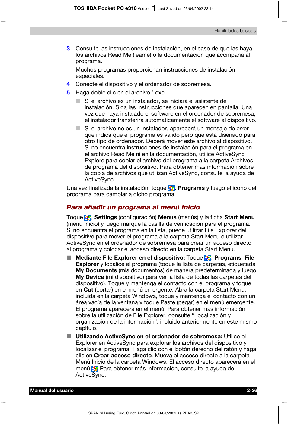 Para añadir un programa al menú inicio | Toshiba Pocket PC e310 User Manual | Page 43 / 107
