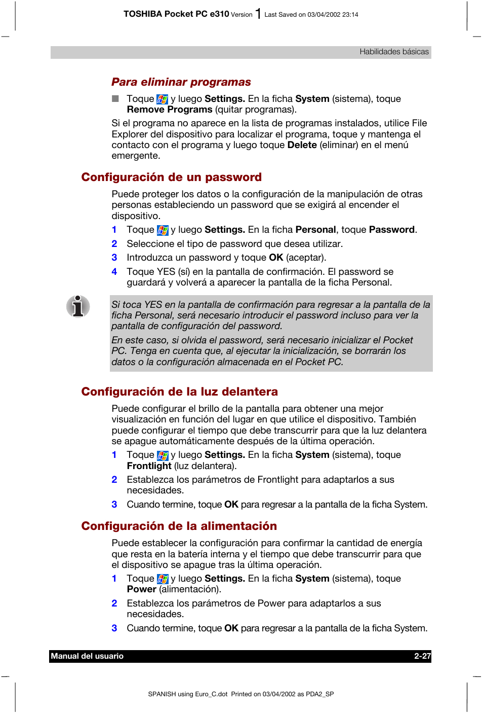 Configuración de un password, Configuración de la luz delantera, Configuración de la alimentación | Toshiba Pocket PC e310 User Manual | Page 44 / 107