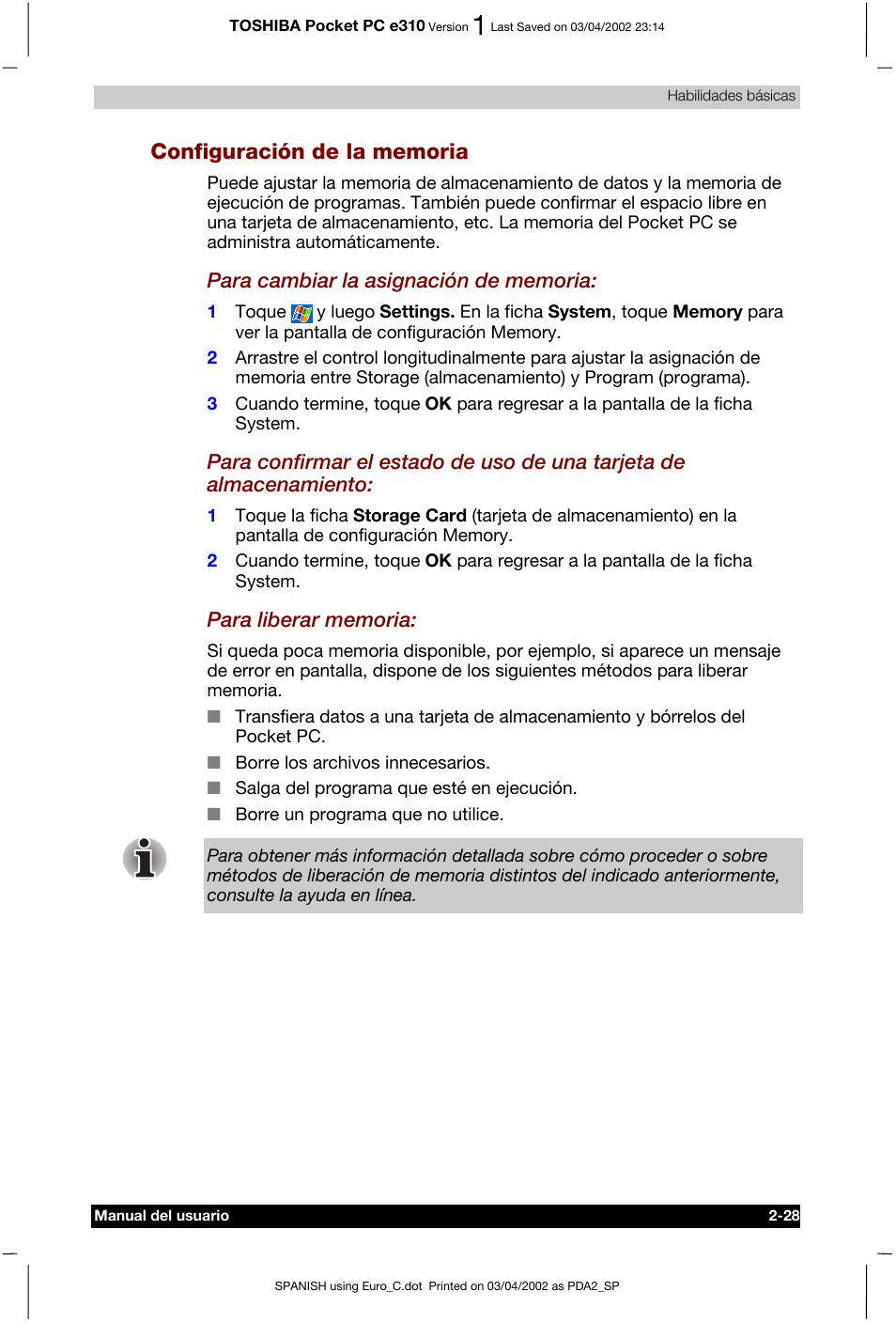 Configuración de la memoria | Toshiba Pocket PC e310 User Manual | Page 45 / 107