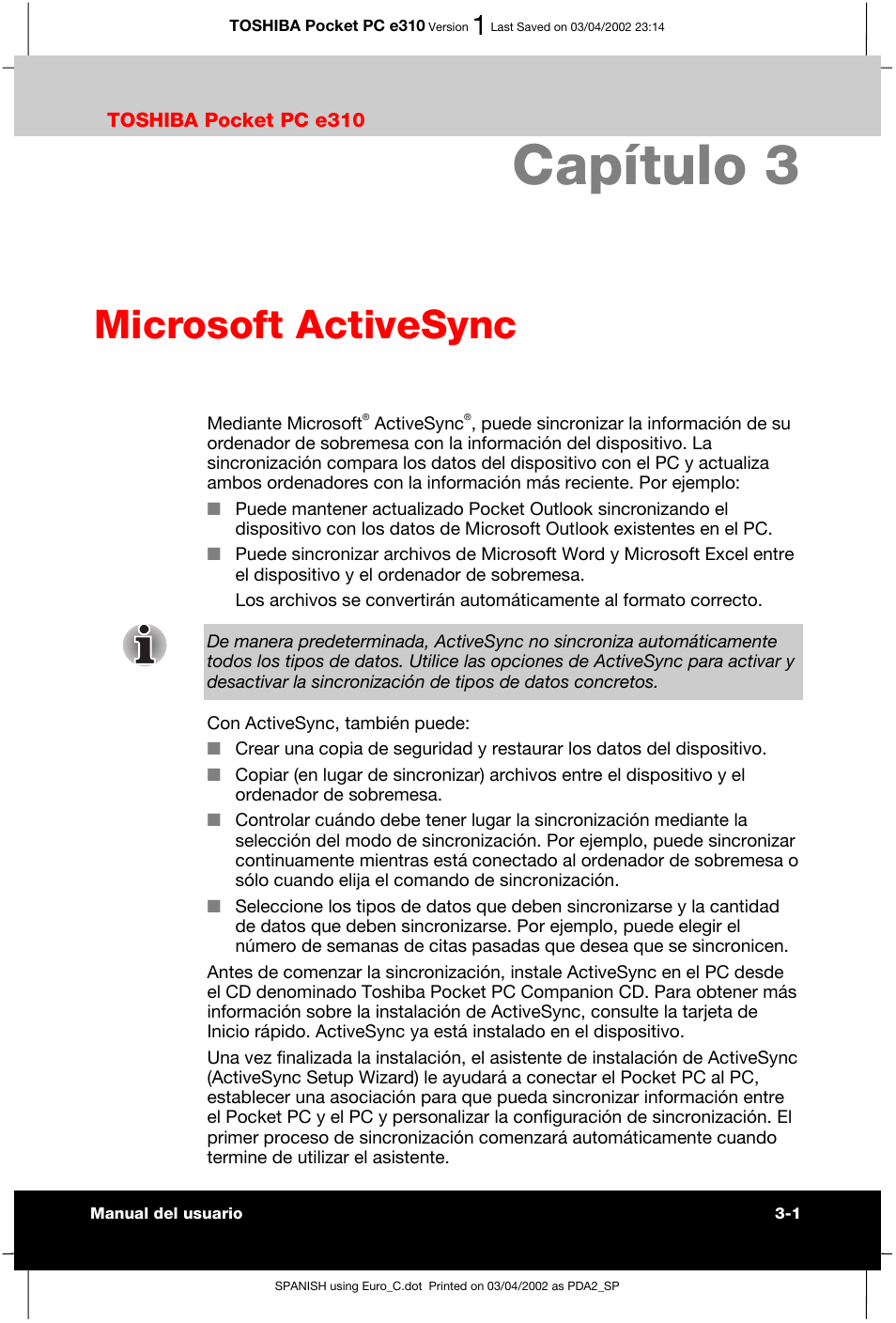 Capítulo 3 microsoft activesync, Capítulo 3, Microsoft activesync | Toshiba Pocket PC e310 User Manual | Page 46 / 107