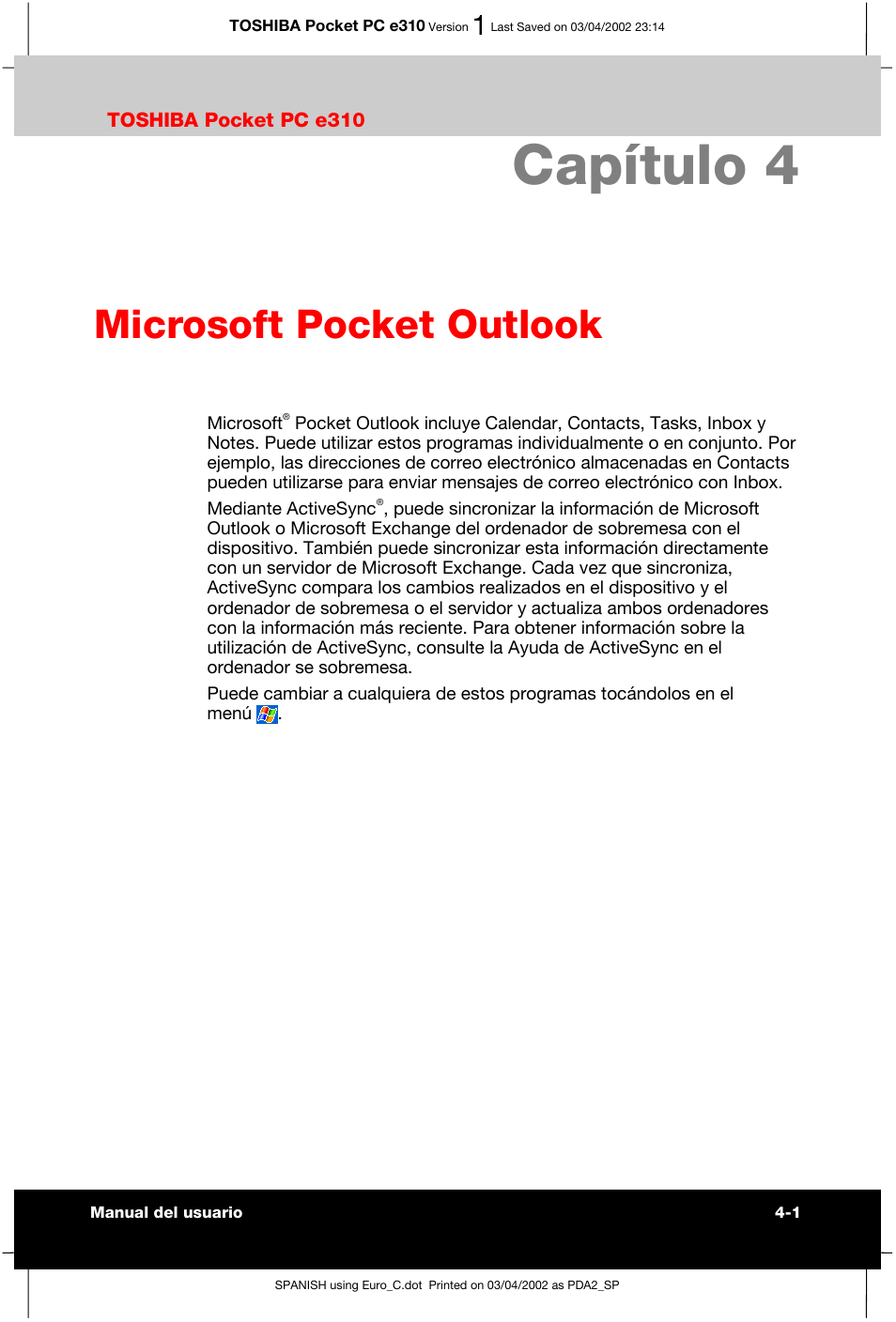 Capítulo 4 microsoft pocket outlook, Capítulo 4, Microsoft pocket outlook | Toshiba Pocket PC e310 User Manual | Page 48 / 107