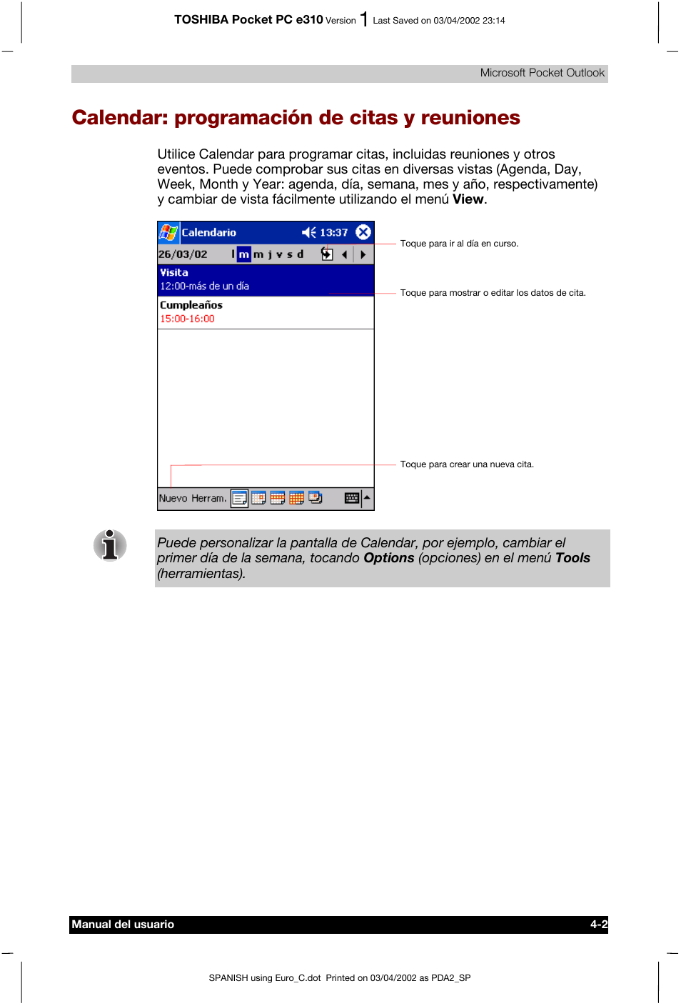 Calendar: programación de citas y reuniones | Toshiba Pocket PC e310 User Manual | Page 49 / 107