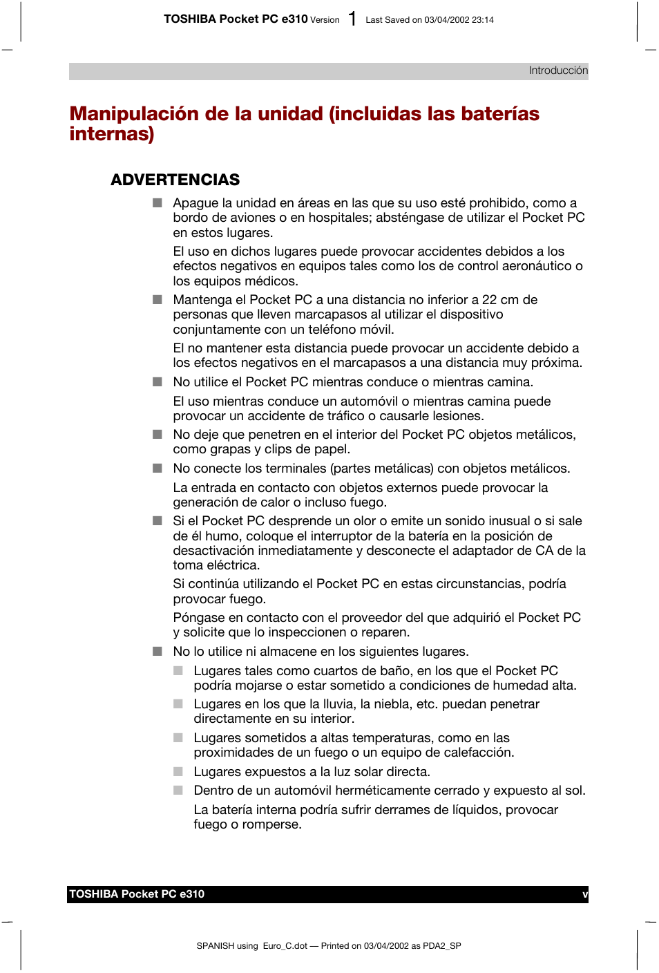 Advertencias | Toshiba Pocket PC e310 User Manual | Page 5 / 107