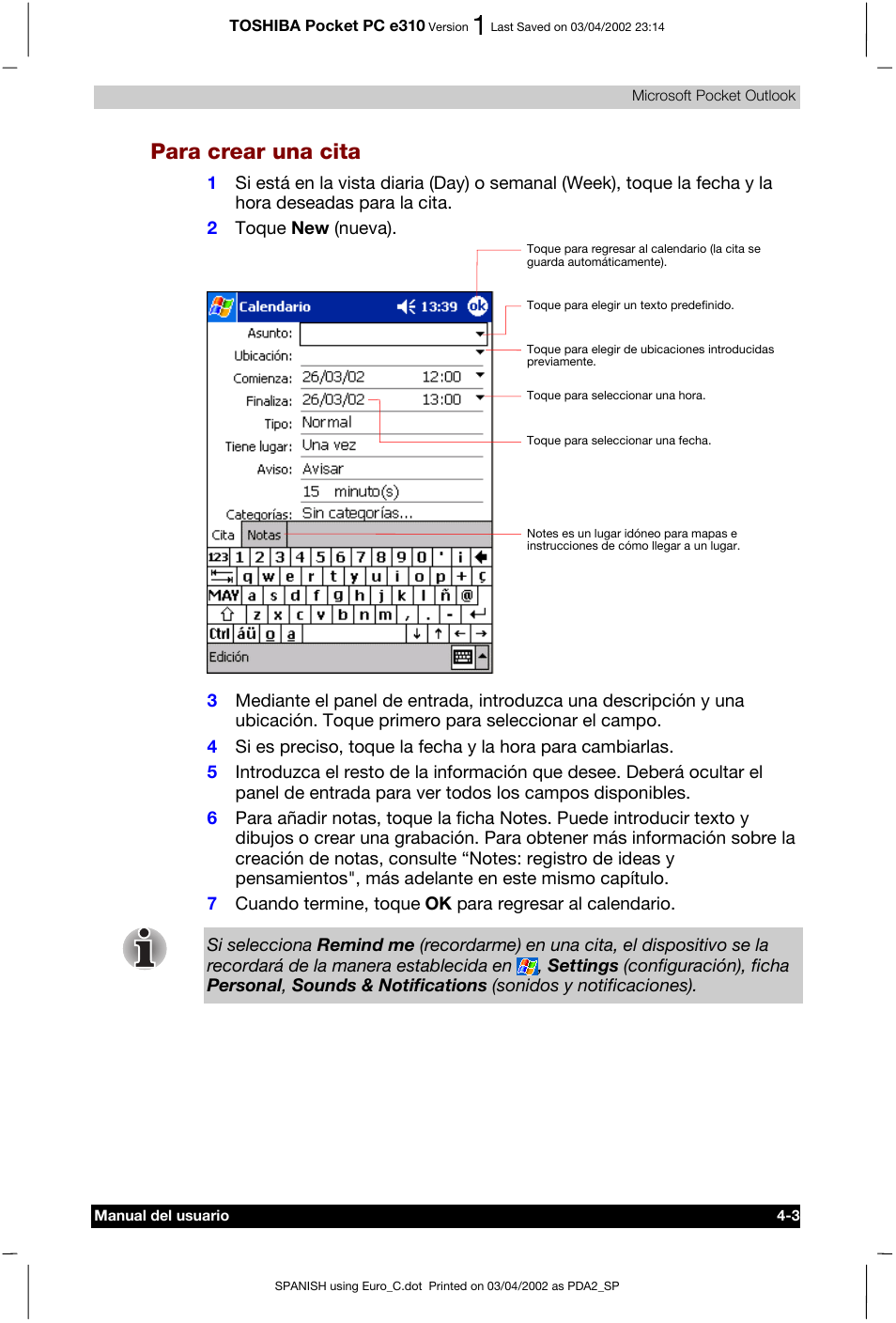 Para crear una cita | Toshiba Pocket PC e310 User Manual | Page 50 / 107