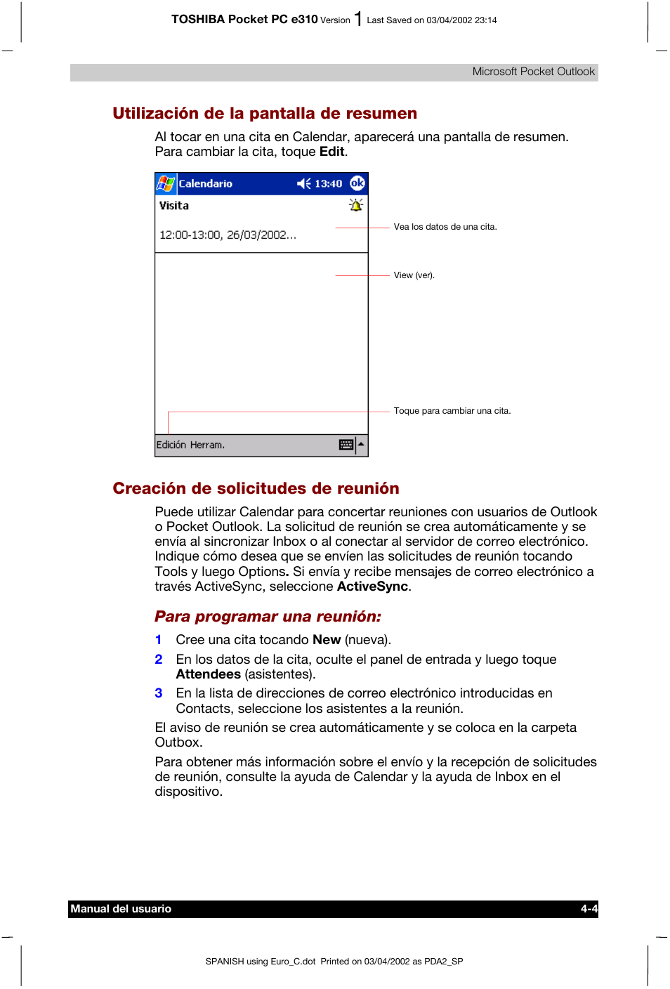 Utilización de la pantalla de resumen, Creación de solicitudes de reunión, Para programar una reunión | Toshiba Pocket PC e310 User Manual | Page 51 / 107