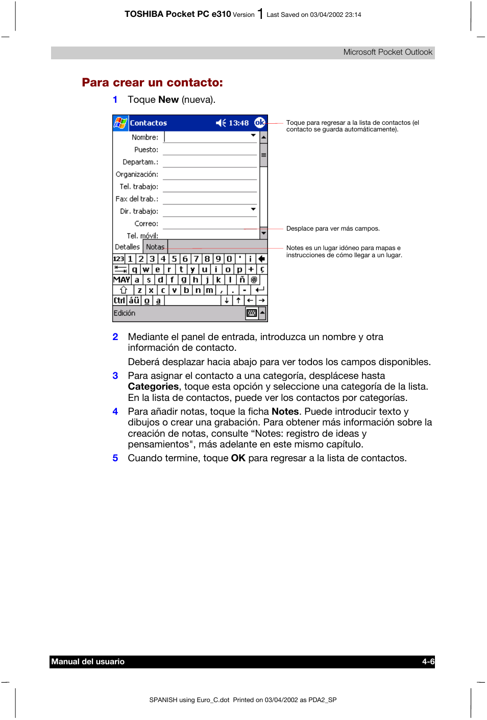 Para crear un contacto | Toshiba Pocket PC e310 User Manual | Page 53 / 107